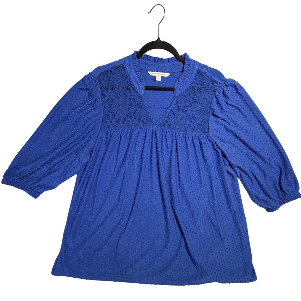 Woman Royal Blue Swiss Dot Lace Yoke Blouse 3/4 Puff Sleeve 1X A LINE Cut BOHO